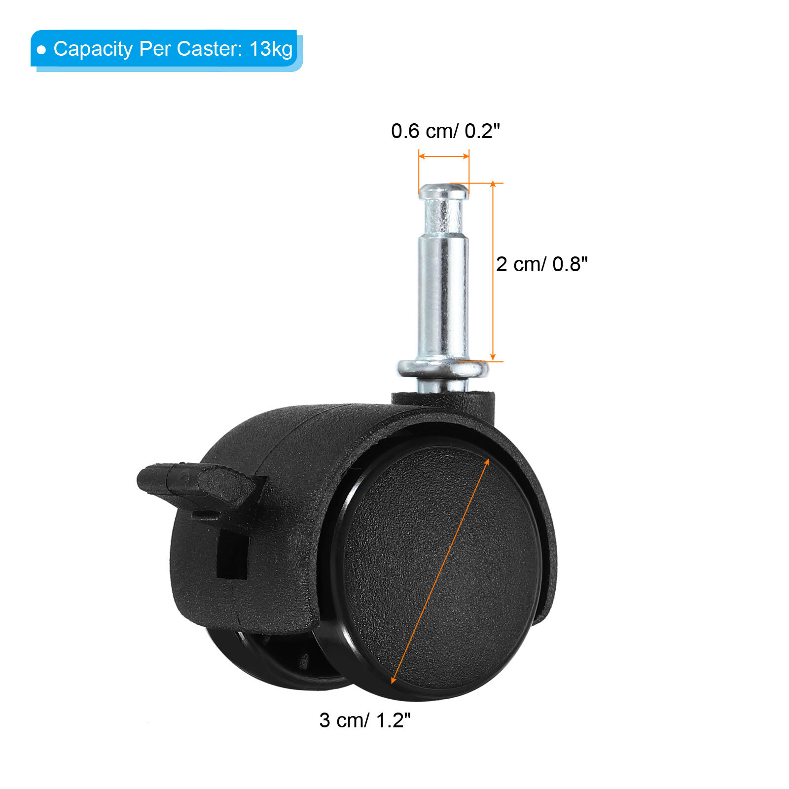 6pcs 1" Swivel Stem Casters Nylon 360 Degree Insert Stem Wheel with Brake