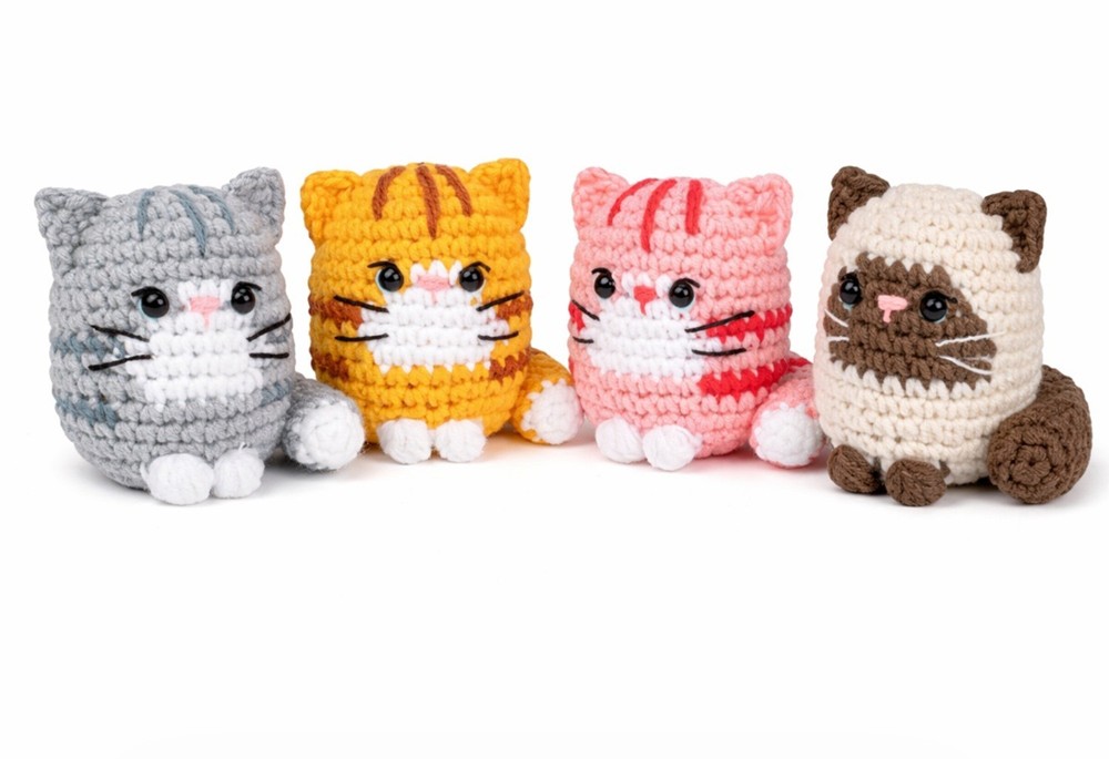 Cat Crochet Kit 4 Pack for Beginners Amigurumi DIY Set with Video Tutorial