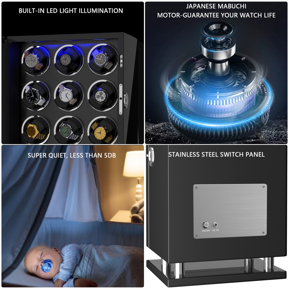 New Automatic 12 Watch Winder LCD Touch Display Storage Case Box Fingerprint LED