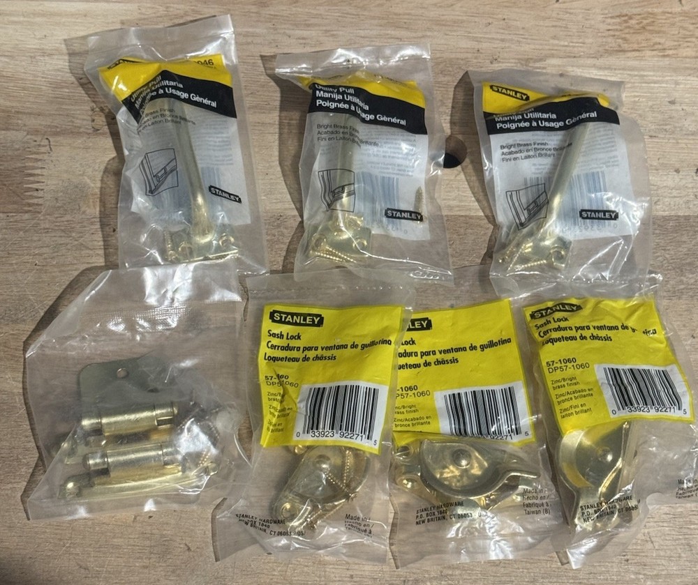 Stanley Hardware Bright Brass Window Security Sash Locks & Utility Pulls Lot
