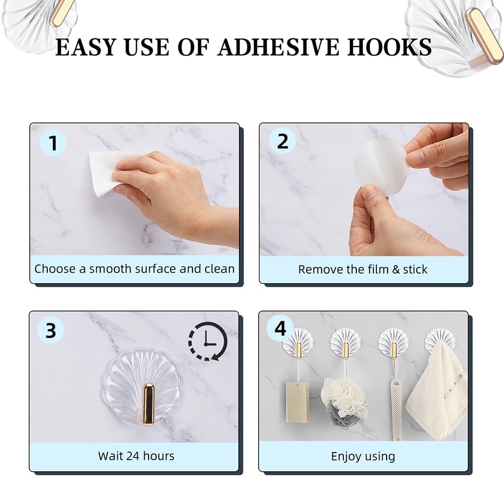 8PCS Shell Clear Adhesive Hooks - No Drill Removable Waterproof for Bathroom,...