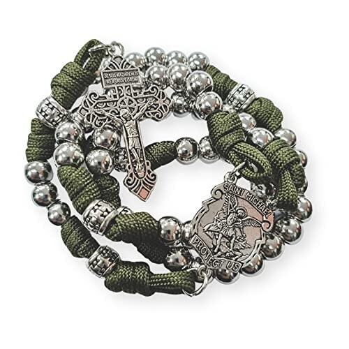 Silver Alloy Beads Green Paracord Rosary St Michael Medal  Jesus Crucifix 21"