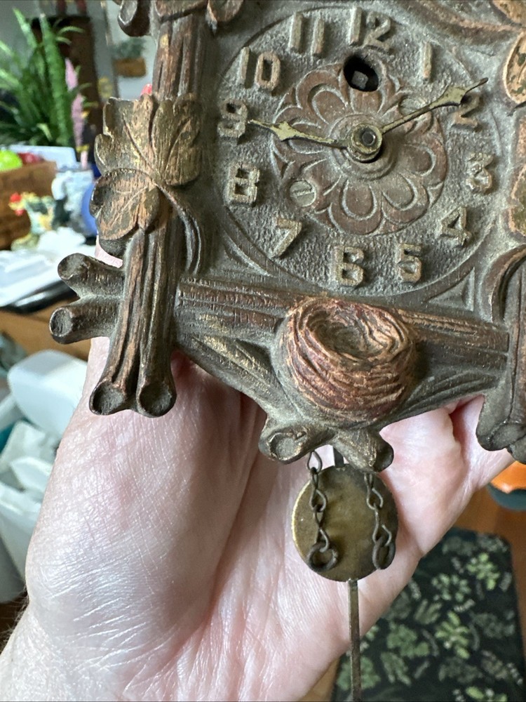 Antique August C Keebler Small 5" Wall Clock untested (NO KEY) Pinecone Weights