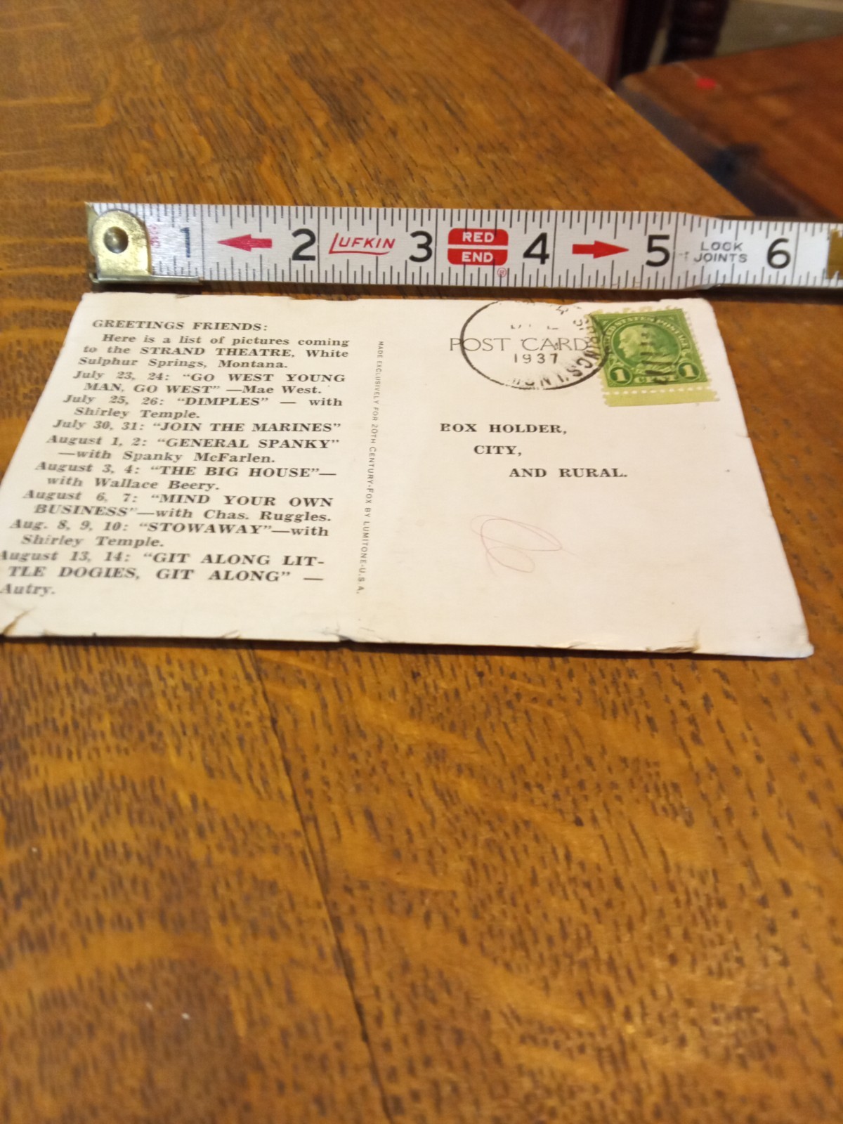 1937 US 1 Cent Green Franklin Stamp on Postcard with Shirley Temple Image