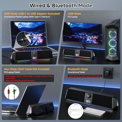 R80 Bluetooth Computer Speakers, USB Plug & Play PC Speakers with Black