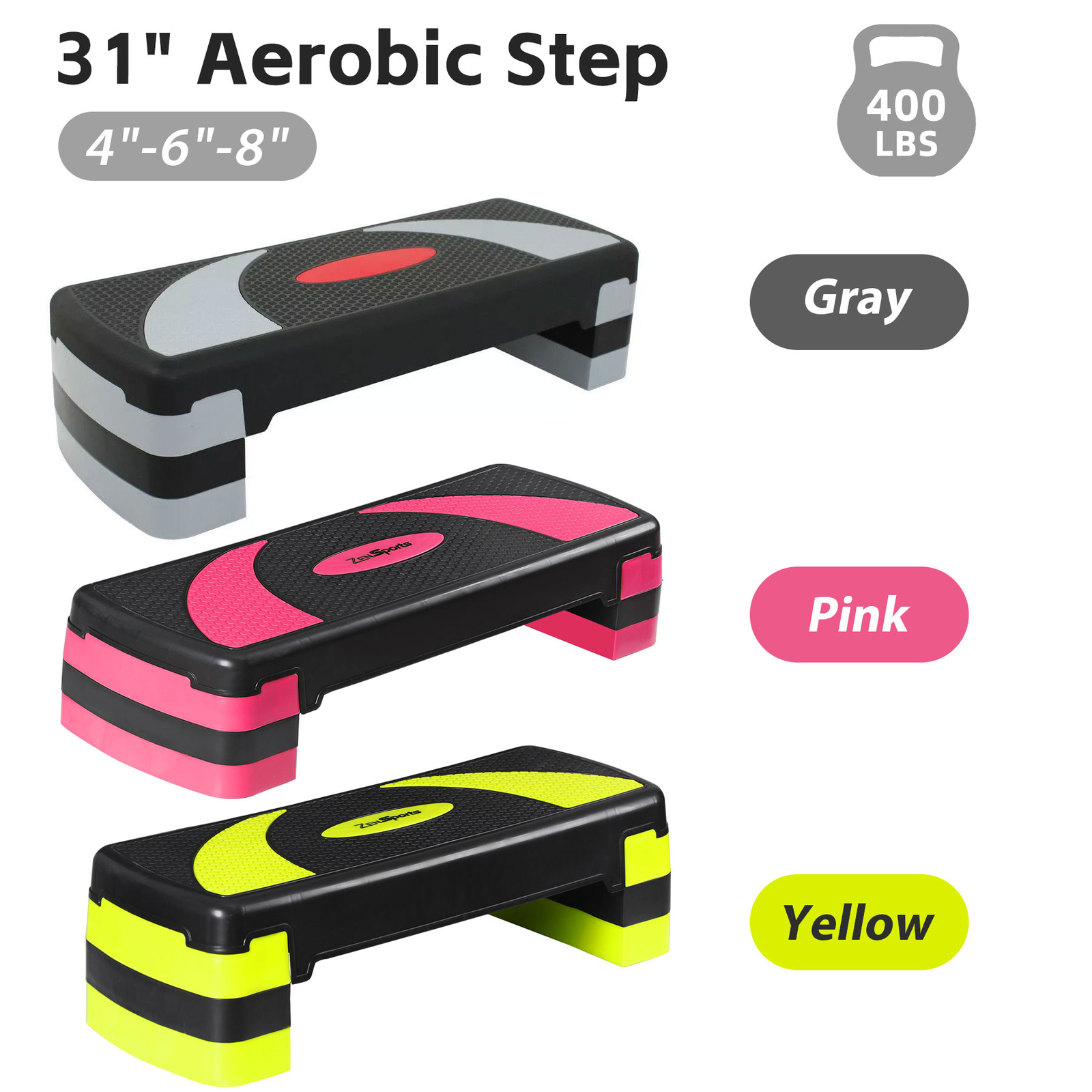 31'' Fitness Aerobic Step Adjust 4" - 6" - 8" Exercise Stepper W/ Risers 3 Color