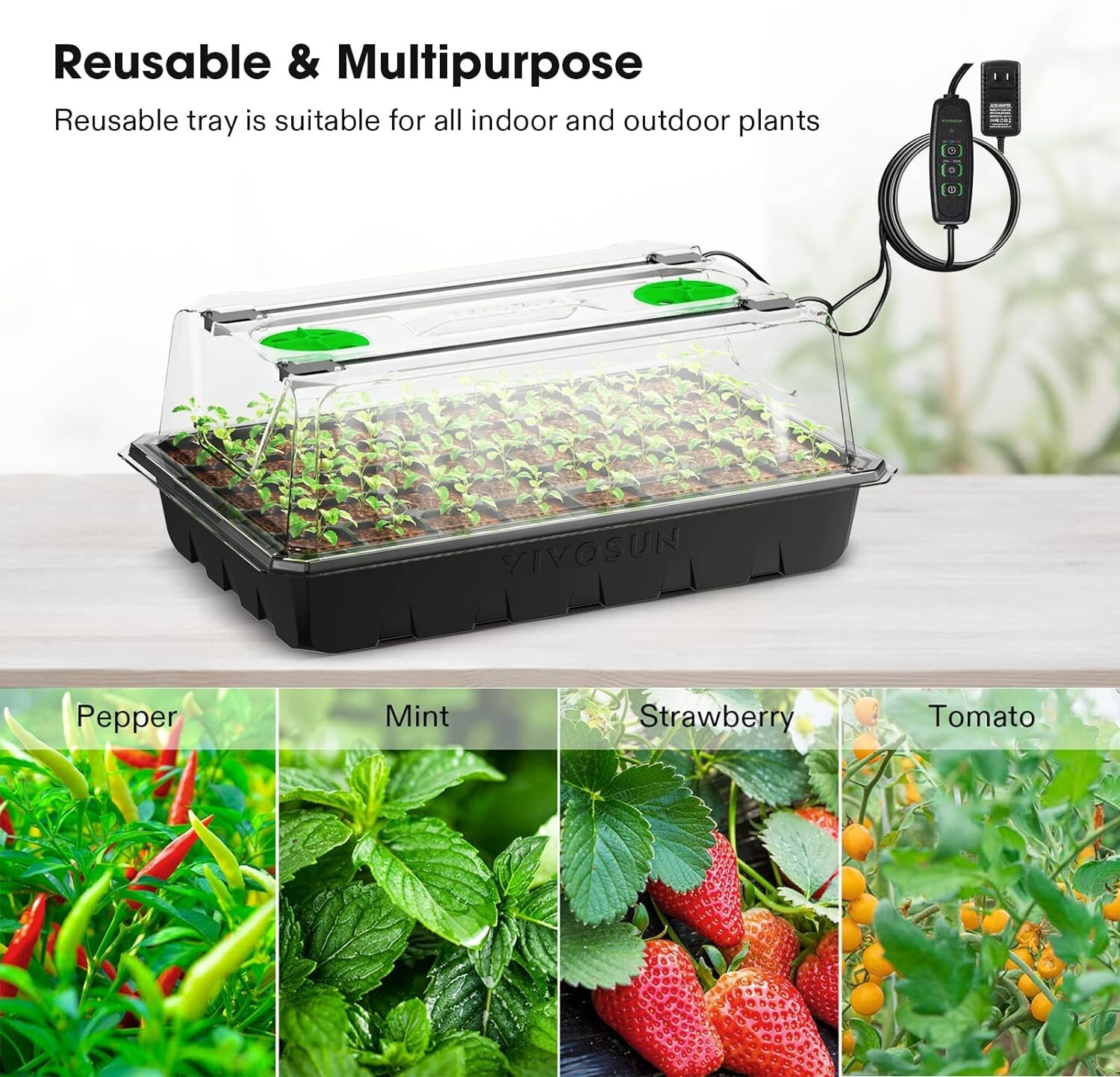 VIVOSUN 6-Pack Seed Starter Trays, 240-Cell Seed Starter Kit w/2 pcs LED Lights