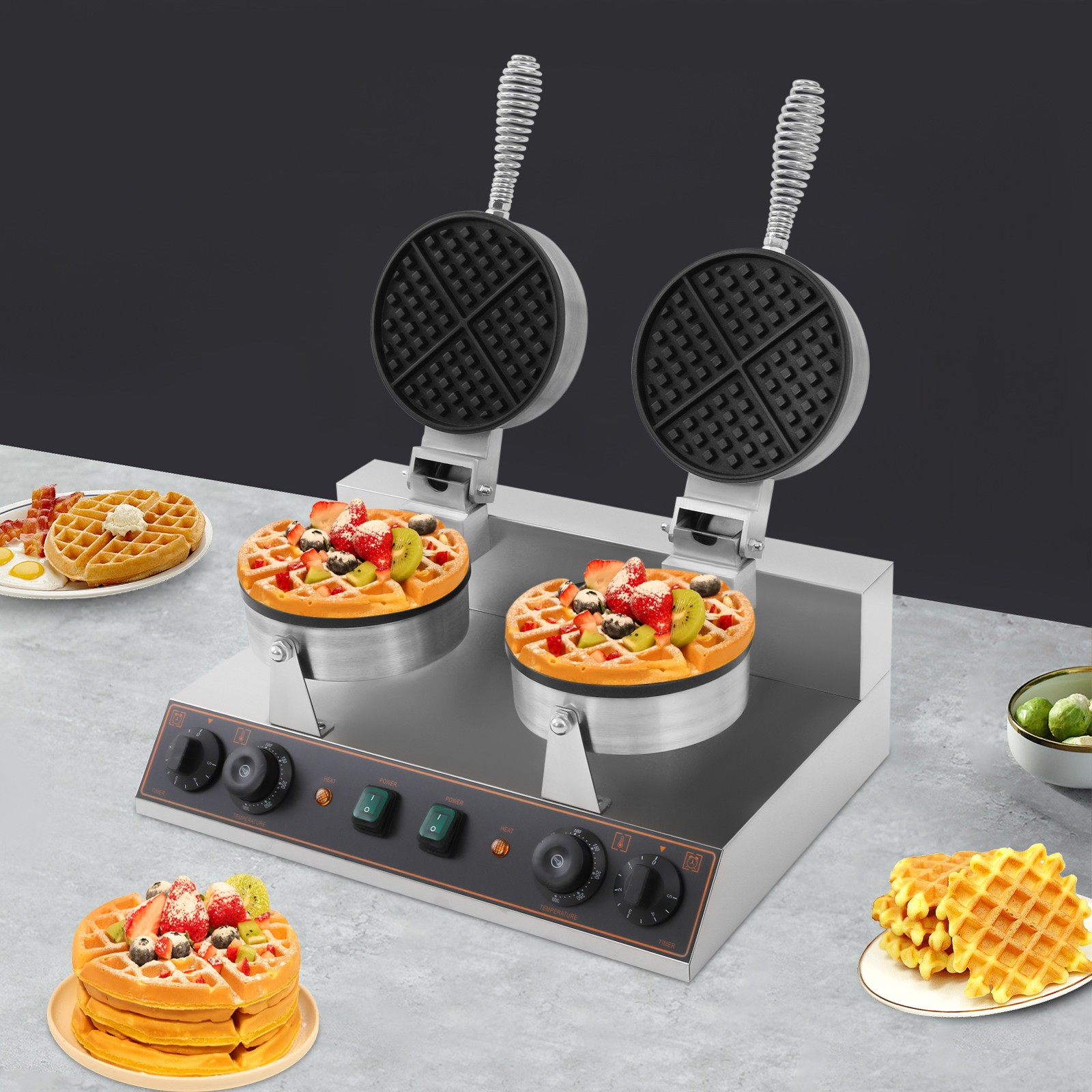 Dual Heating Plates Waffle Maker 2.4kW Adjustable Temp/Time Non-Stick Mold