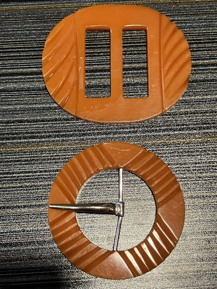 art deco bakelite butterscotch carved buckles