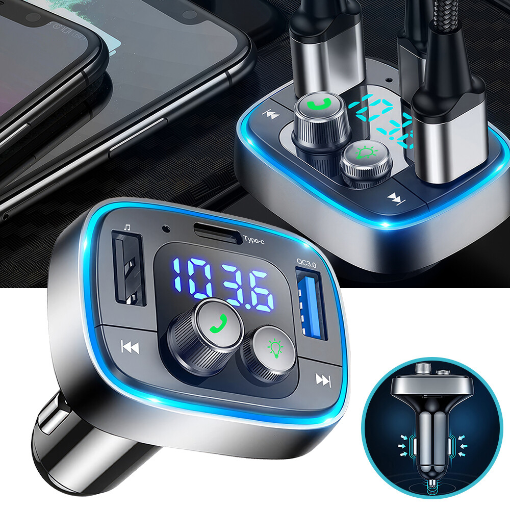 Bluetooth 5.1 FM Transmitter Car Adapter 7 Colors LED Backlit Hands-Free Calling