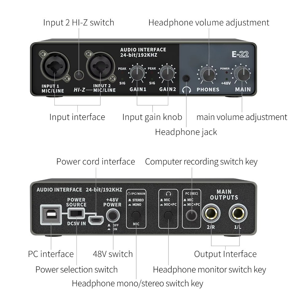 High Quality Professional USB Audio Interface E-22 for Computer PC Mobile Phones