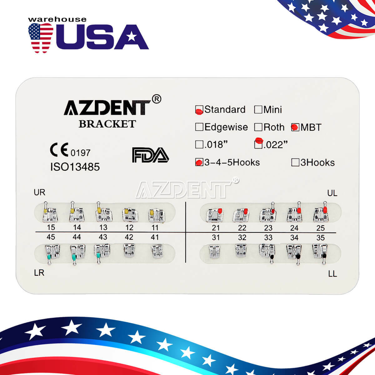 AZDENT Dental Orthodontic Brackets Metal Braces Standard MBT 022 Hooks 3-4-5/3