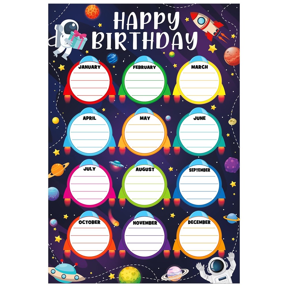 Outer Space Birthday Chart - Reusable Laminated Classroom Calendar for Bullet...