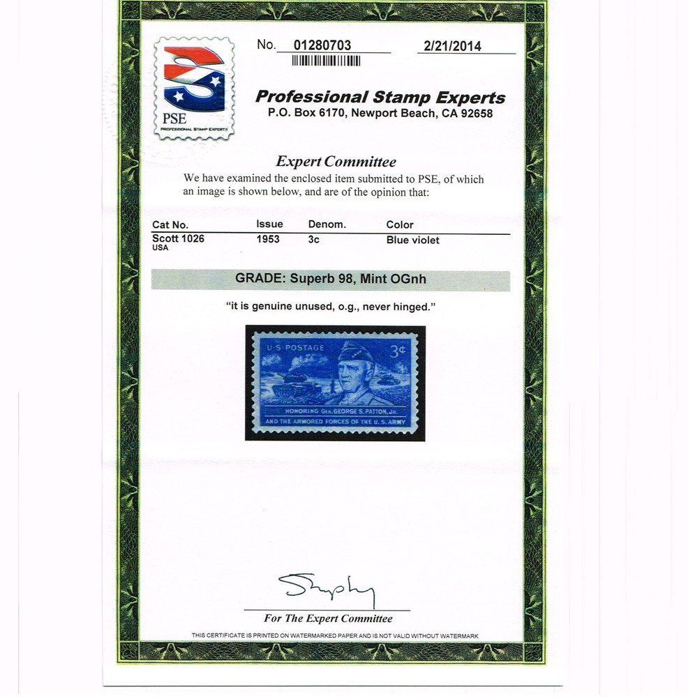 EXCEPTIONAL GENUINE SCOTT #1026 MINT PRISTINE OG NH PSE CERT GRADED SUPERB 98