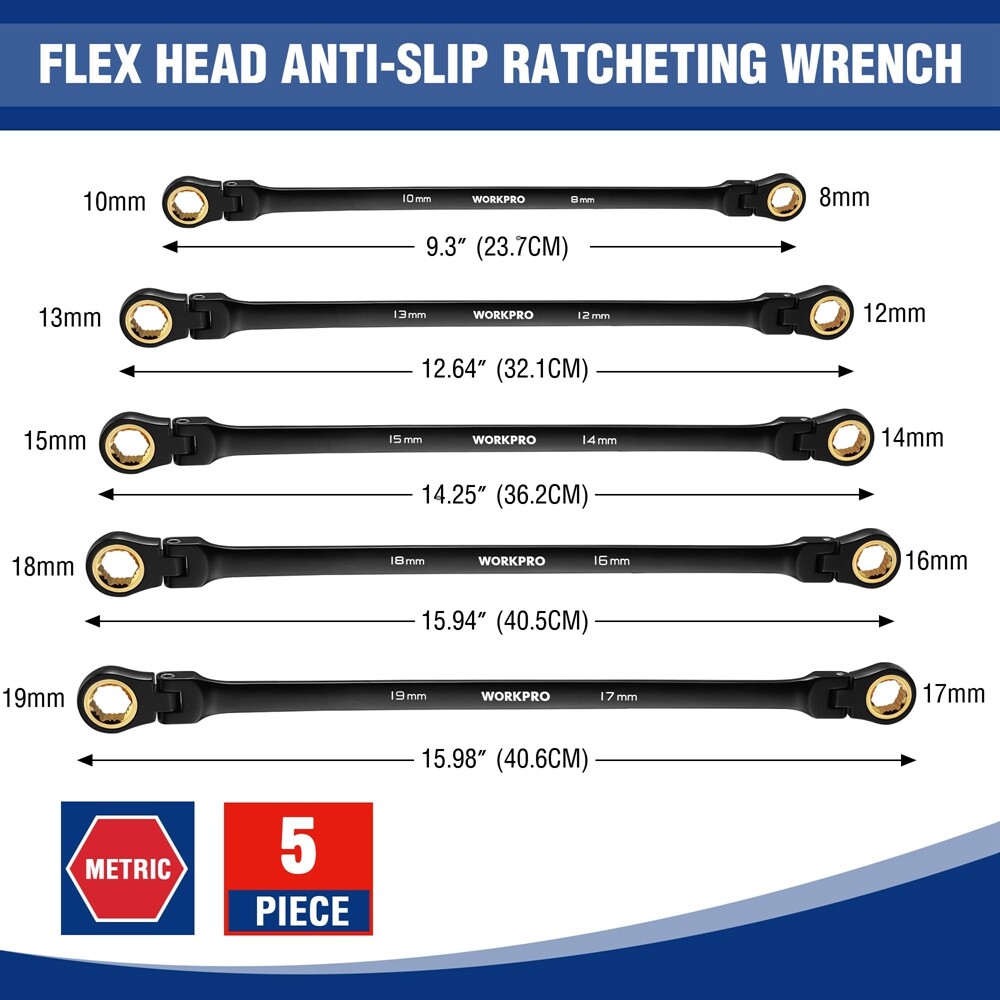 WORKPRO 5PCS Extra Long Ratcheting Wrench Set 8-19mm Combination Metric 72-Teeth