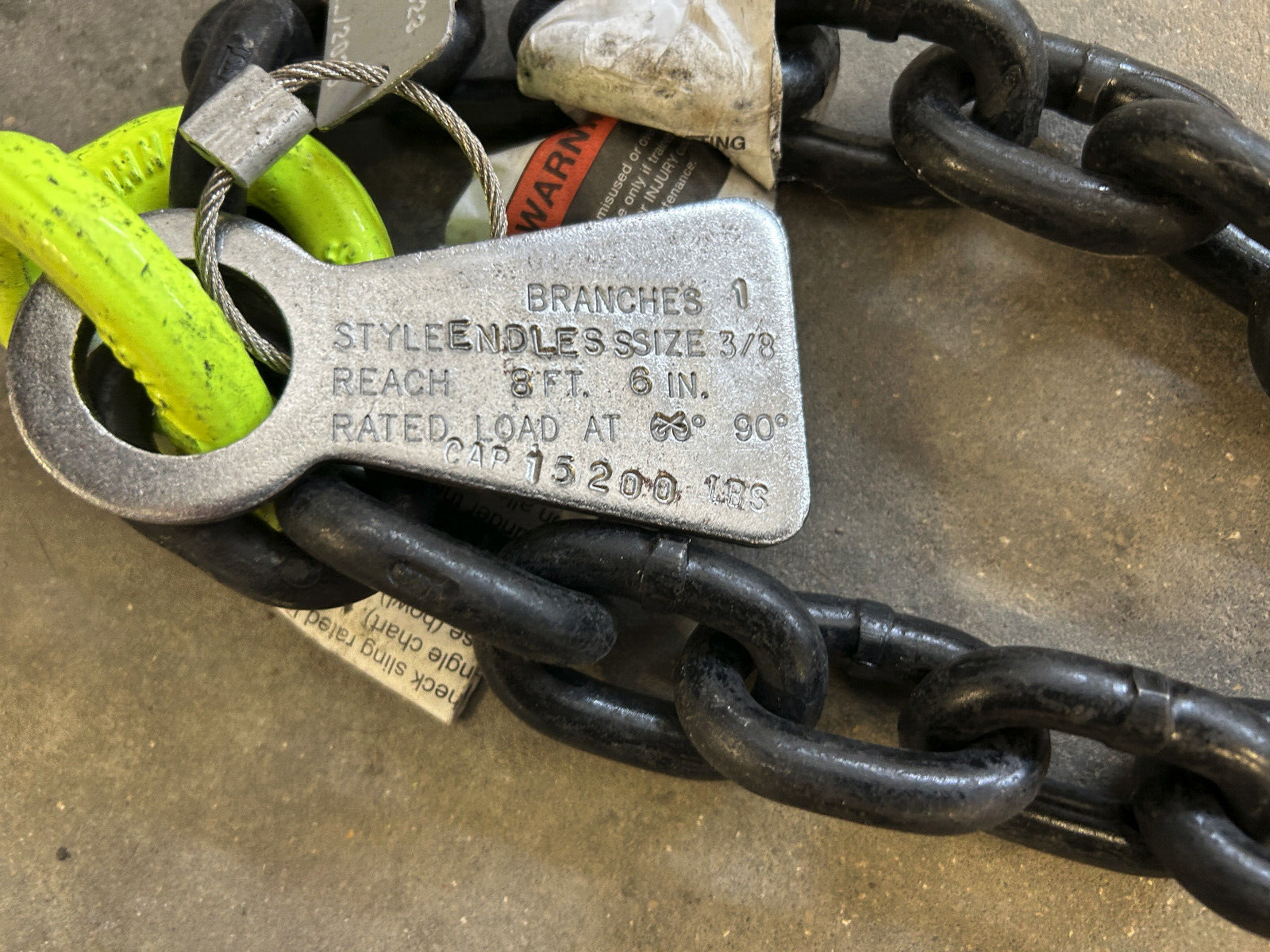 Endless 8FT 6in Reach 3/8" Size 1-Leg Branch Chain Basket Lifting Sling