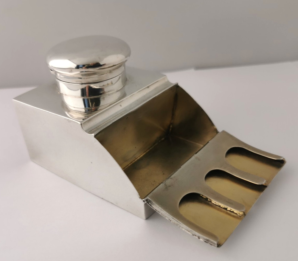 Rare Solid Silver Inkwell & Double Stamp Box Combination - Chester 1903