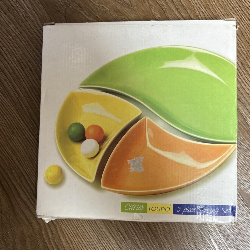 3 Pc Citrus Ceramic Snack Condiment Serving Set Round Appetizer Dish Multicolor