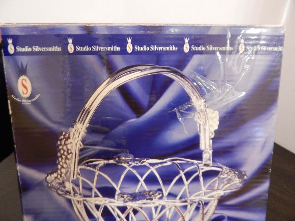 Studio Silversmiths Silver Plated Wire Basket w/ Swivel Handle & Grape Vine Deco
