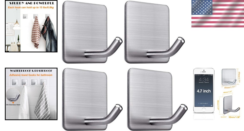 Heavy Duty Stainless Steel Wall Hooks - 4 Pack