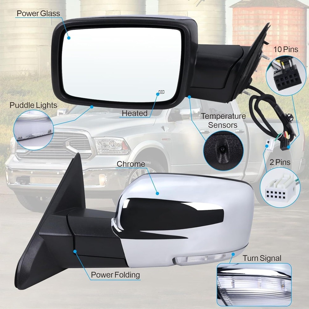 Left Side Mirror For 2013-2019 Ram 1500 Chrome Power Fold +Heated +Temper Sensor