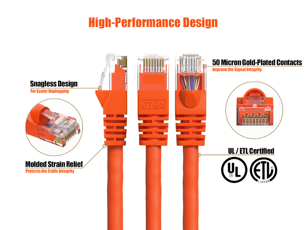 5ft Cat6 UTP Ethernet Network Patch Cable Snagless 24AWG Bare Copper, Orange