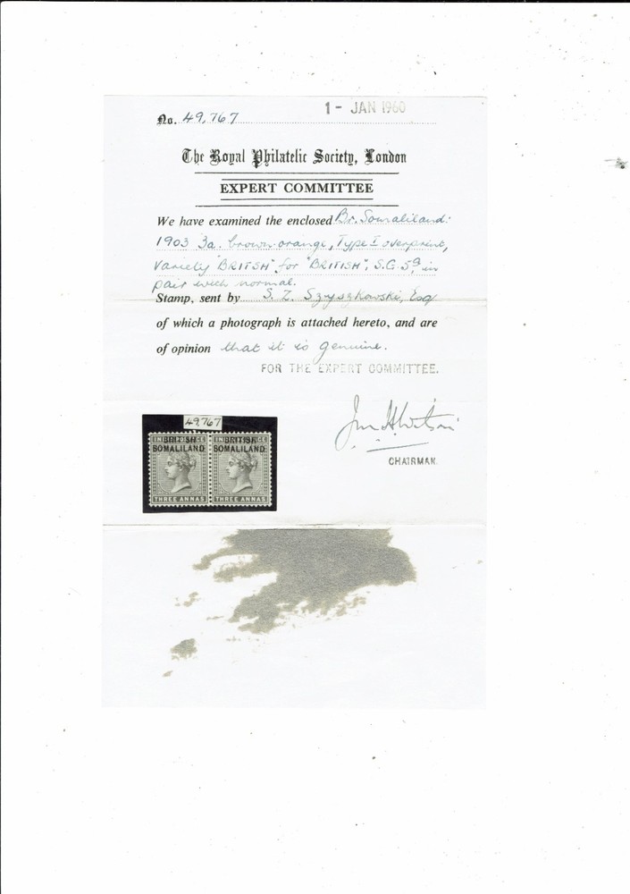 SOMALILAND PROTECTORATE 1903 QV 3A PAIR ERROR 'BRIT SH' CERTIFICATE