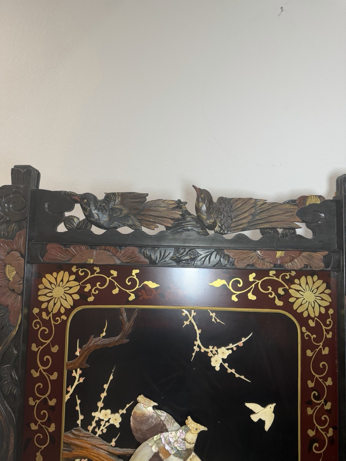 Asian Style Hand Painted Carved Wood Room Divider Birds & Flowers