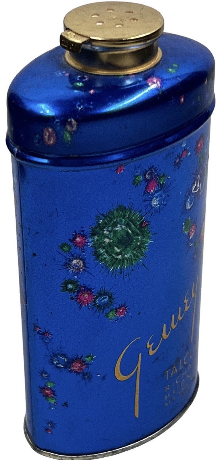 Rare Antique Gewey Talcum Powder Tin Litho Can Richard Hudnut Emerald Ruby Gems