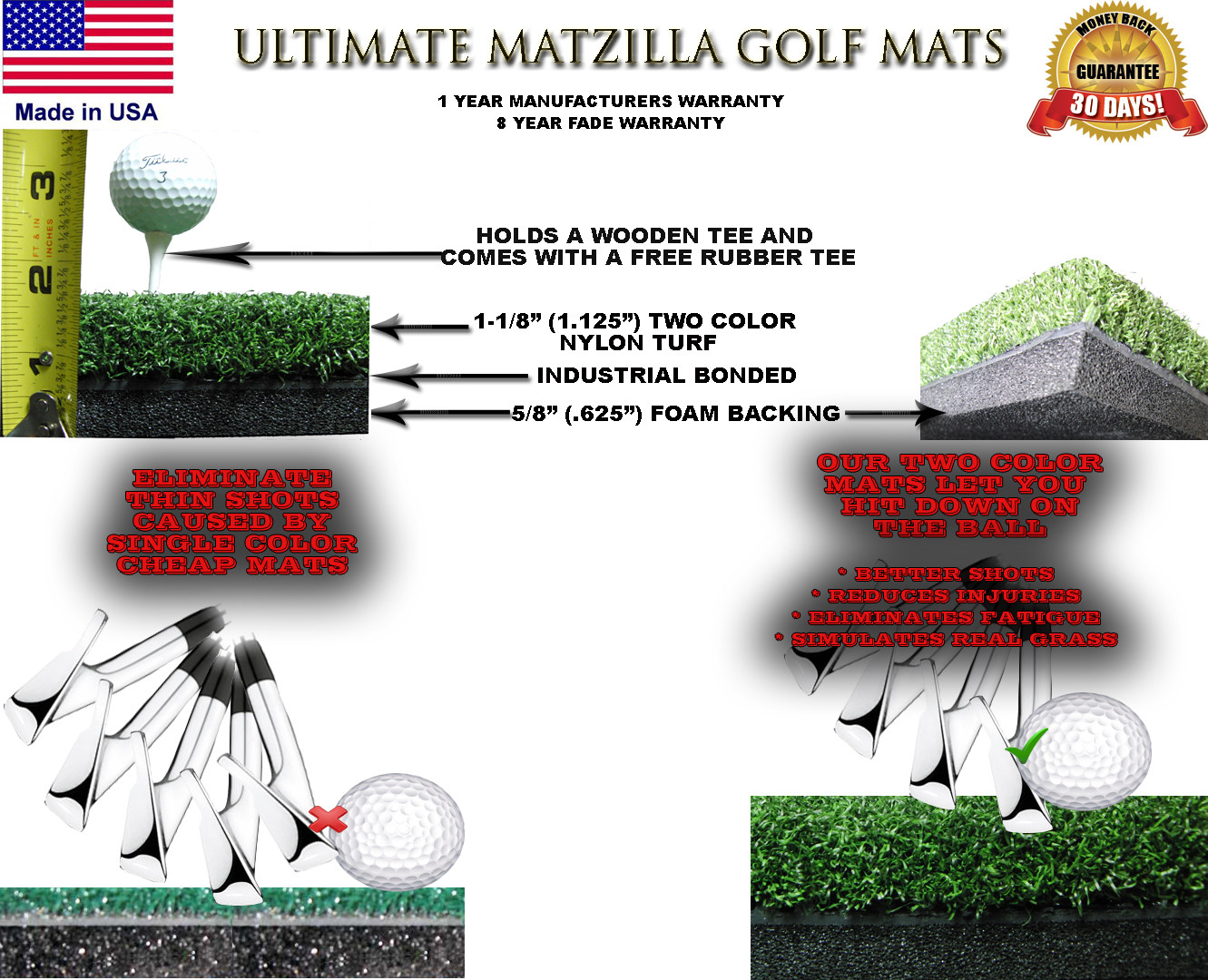 5' x 5' Golf Chipping Driving Range Tee Line Practice Mat - Holds A Wooden Tee