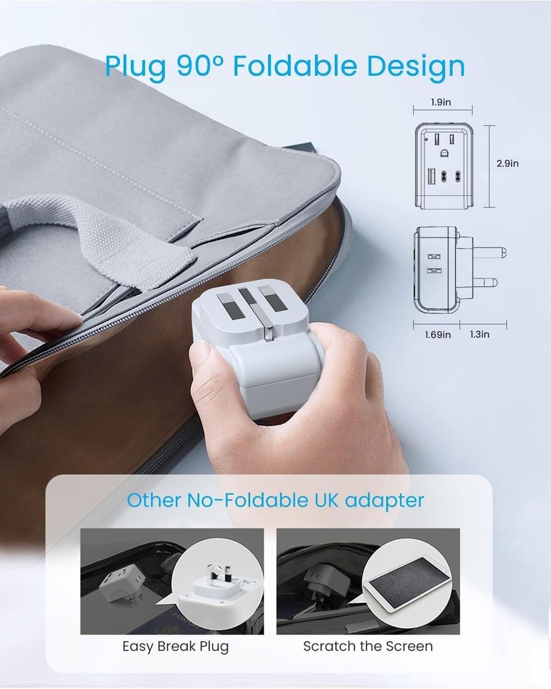 2 Pack US to UK Plug Adapter, VINTAR Foldable Adapters small, white+grey