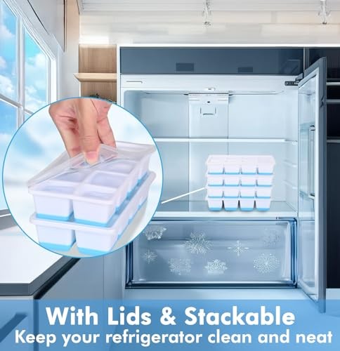 Large Ice Cube Trays with Lid, 2 Pack Stackable Silicone Ice Cube Molds Blue