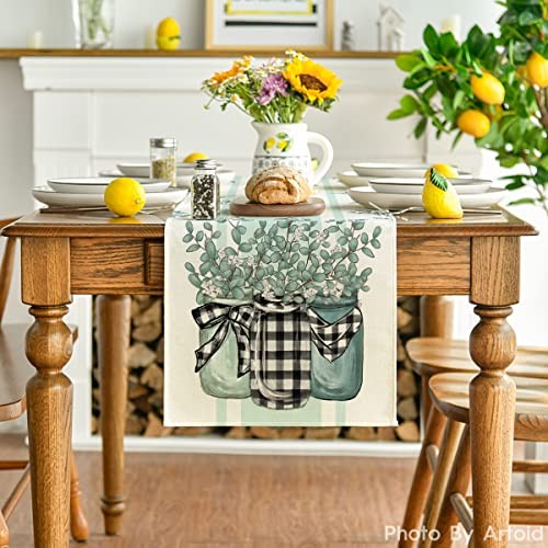 Buffalo Plaid Eucalyptus Vases 13" x 72", Table Runner Eucalyptus/Stripes