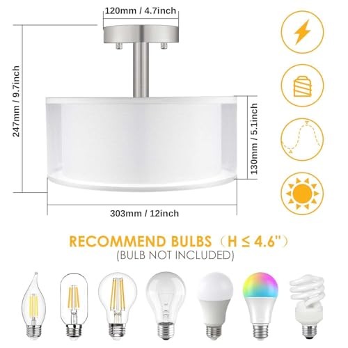 3-Light Semi Flush Mount Ceiling Light Fixture, Drum Light with 12inch White