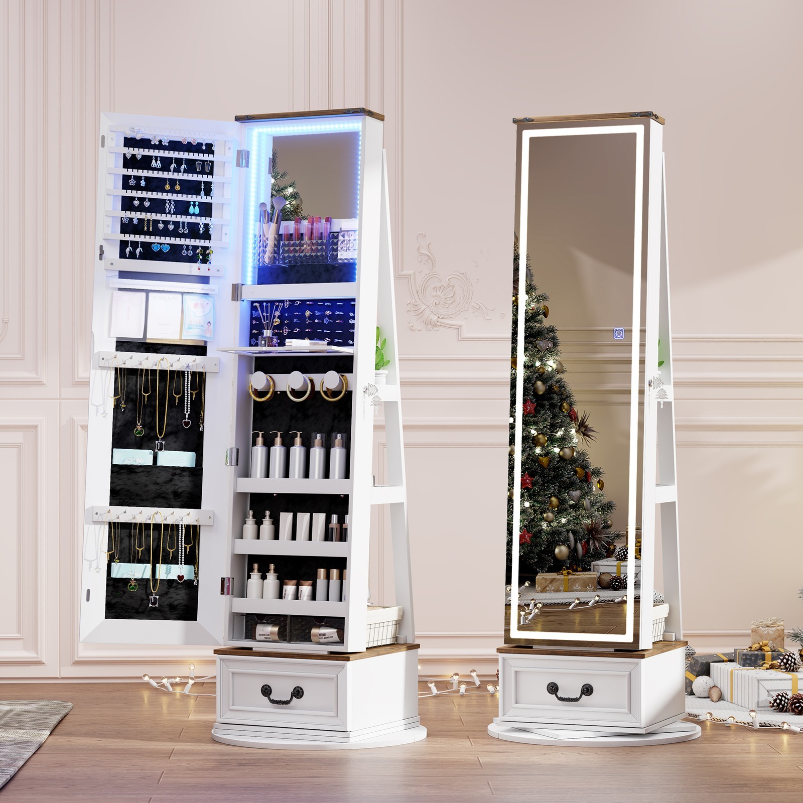 LED Mirror Jewelry Cabinet Standing, 360° Swivel Jewelry Organizers and Storage