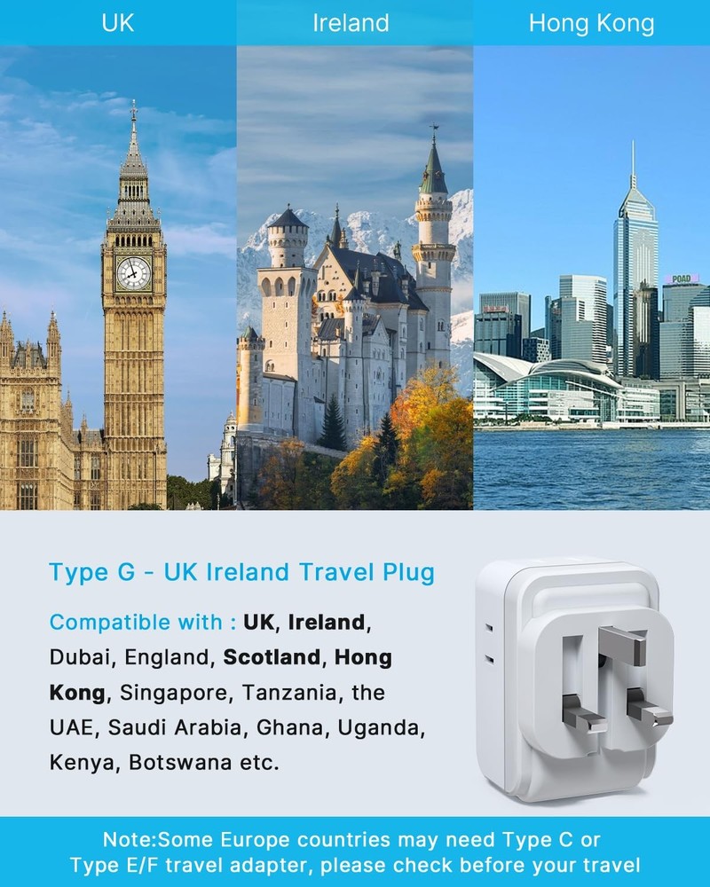 2 Pack US to UK Plug Adapter, VINTAR Foldable Adapters small, white+grey