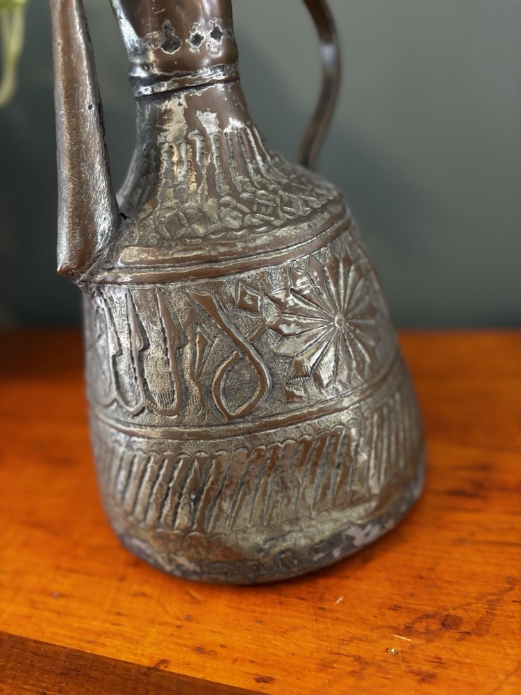 Antique Middle Eastern Hand Hammered Tinned Copper Ewer