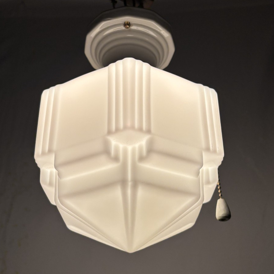 Skyscraper Shade Porcelain Ceiling Light Fixture Vtg Art Deco Glass USA #L44