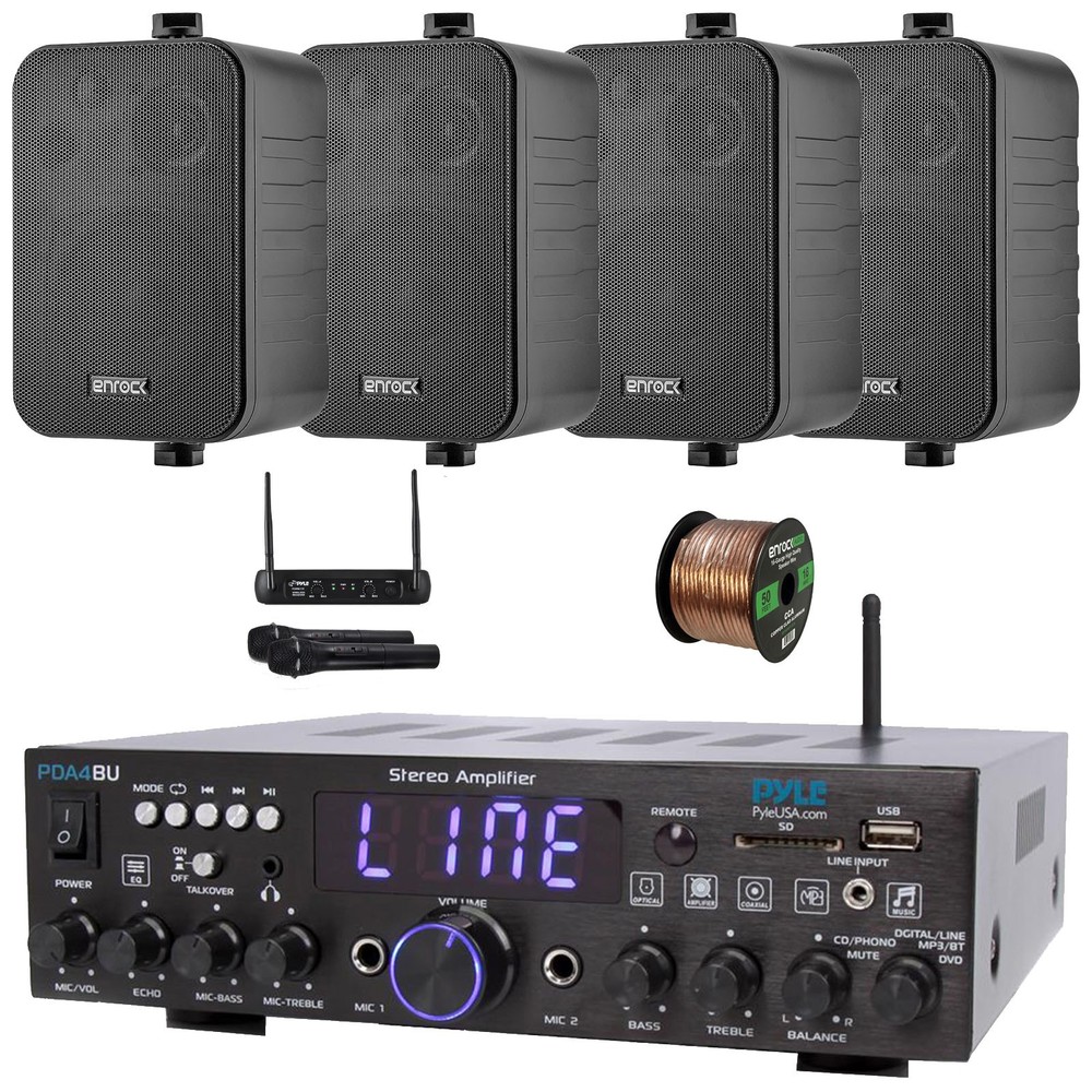 Pyle PDA4BU Bluetooth Receiver, 4x 4" 30W Black Speaker, Microphone System, Wire