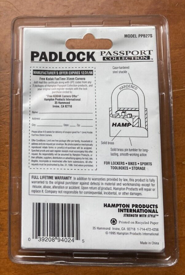 Hampton 1995 Passport Collection 1” SOLID BRASS Padlock 2 Keys 2 Locks NEW