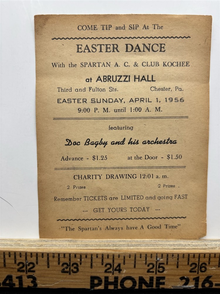 1956 Easter Dance Chester PA Abruzzi Hall Doc Bagby Program Sheet Vintage
