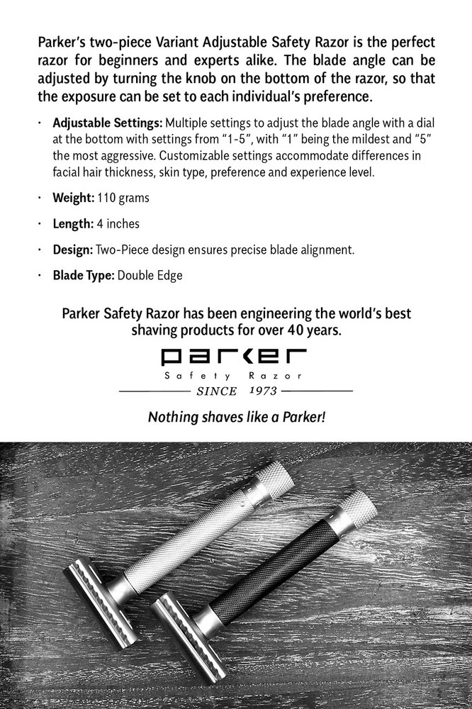 Parker Variant ADJUSTABLE Safety Razor & 5 Double Edge Blades - Graphite Finish