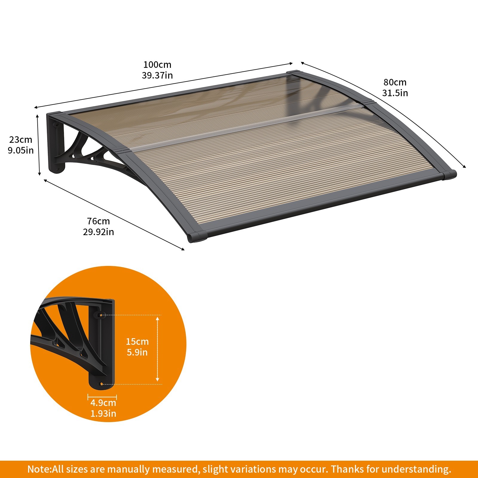30-160" Window Awning Front Door Eaves Canopy Polycarbonate Roof Sun Shade Cover
