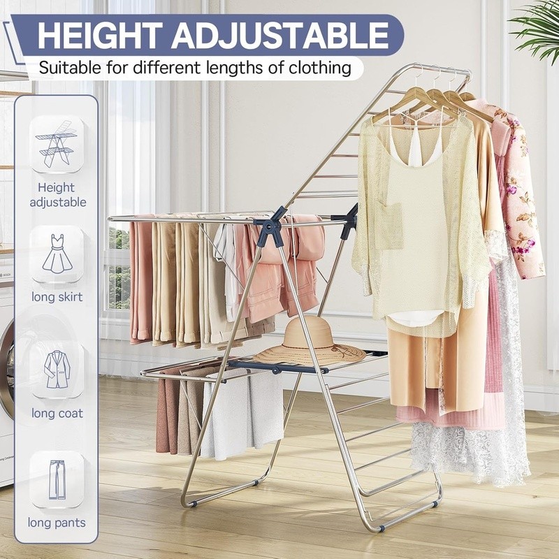 Adjustable Foldable Drying Rack Two Tiers Space Saving Indoor Outdoor Use