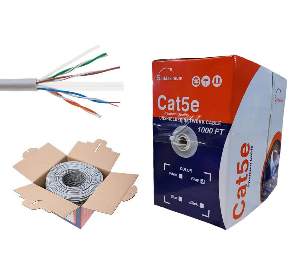 Cat5e 1000FT Gray UTP Ethernet Cable 24AWG Network LAN Solid Bulk Wire Pull Box
