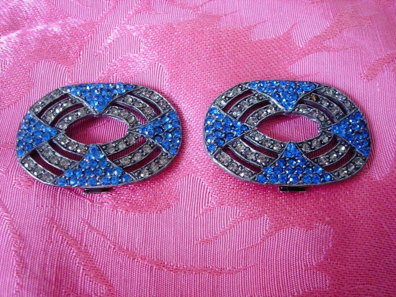 Pair of Art Deco Inspired Shoe Clips Blue Clear Rhinestones Nancy Katz. KJ