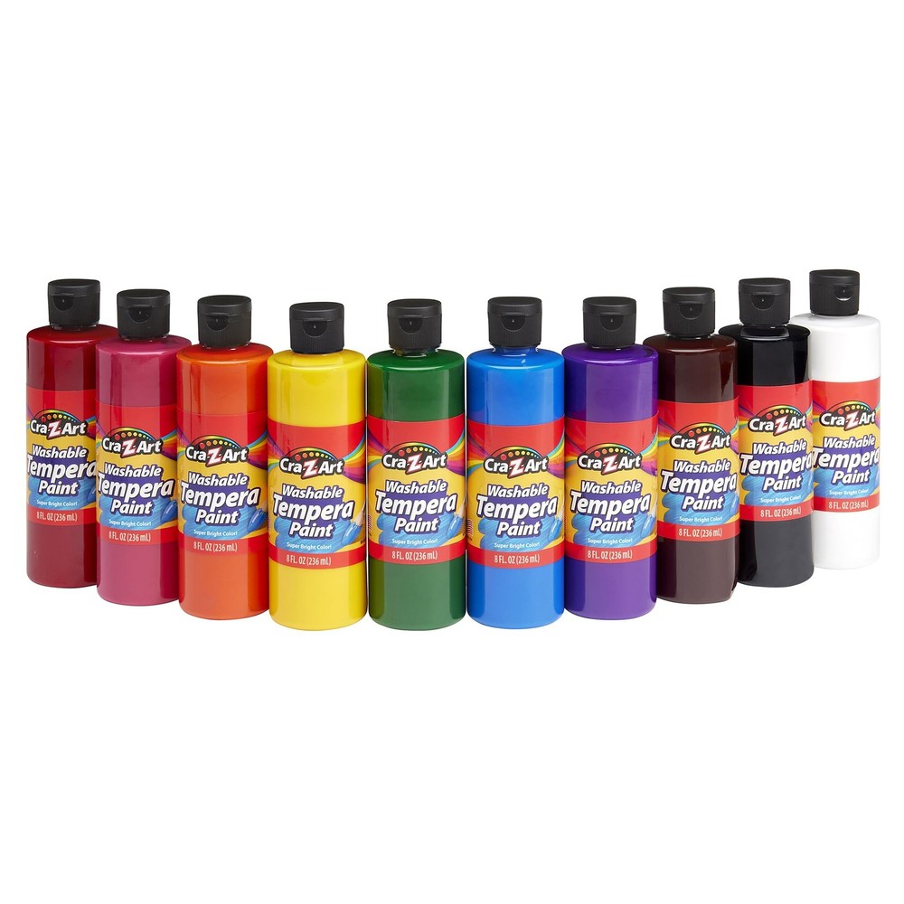 Washable Tempera Paint Bulk Pack 10ct, Assorted Colors 8oz each bottle