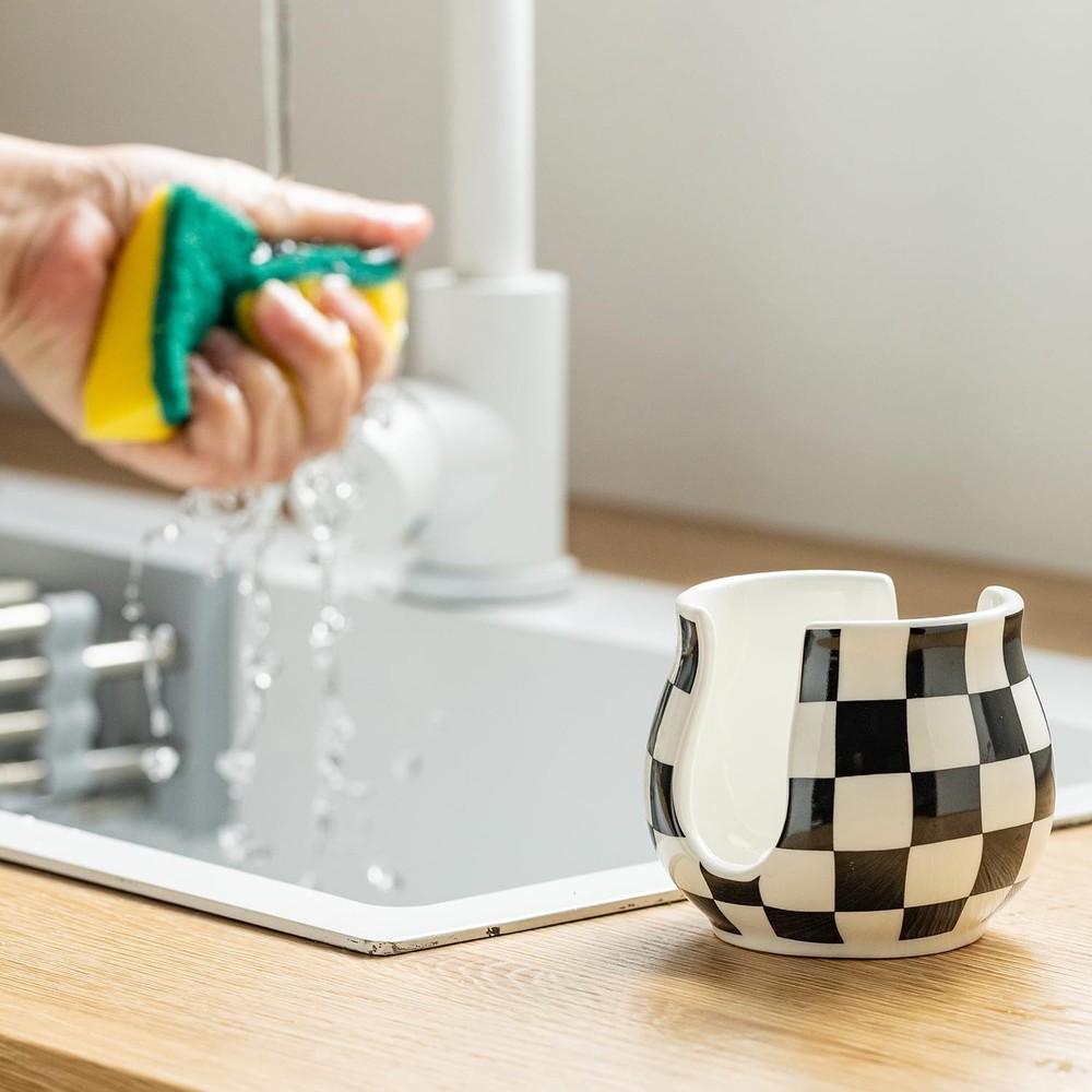 Checkered Sponge Holder for Kitchen Sink, Ceramic Dish Sponge Dish Rack Scrub...