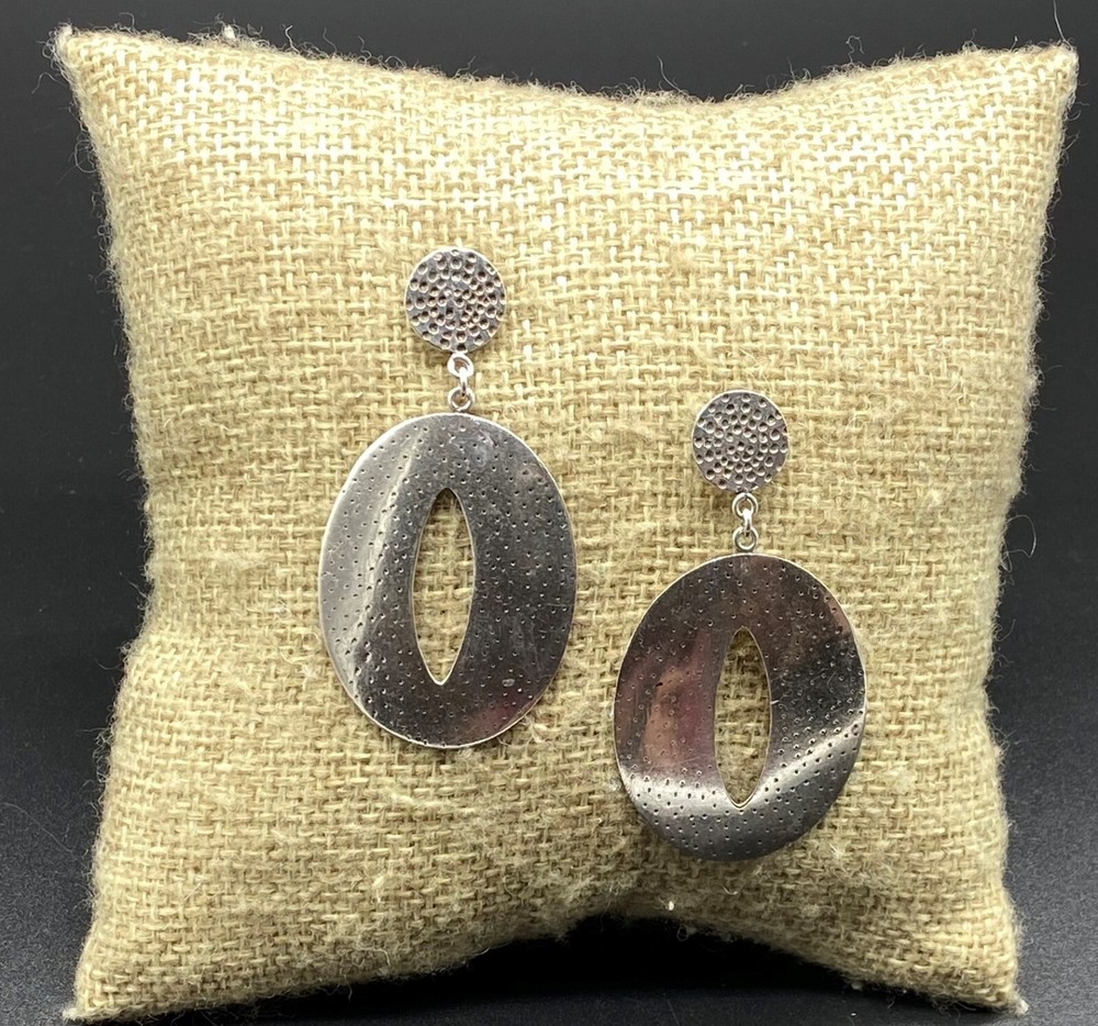 Sterling Silver Textured Dimpled Oval Dangle Earrings-EXACTLY LIKE SILPADA P1097
