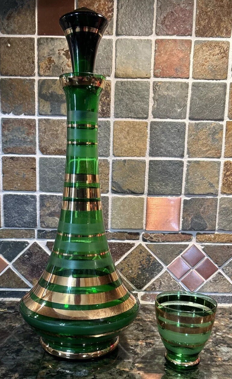 Borske Sklo Gold Banded Green Glass Decanter Mid Century Genie Jeannie Bottle